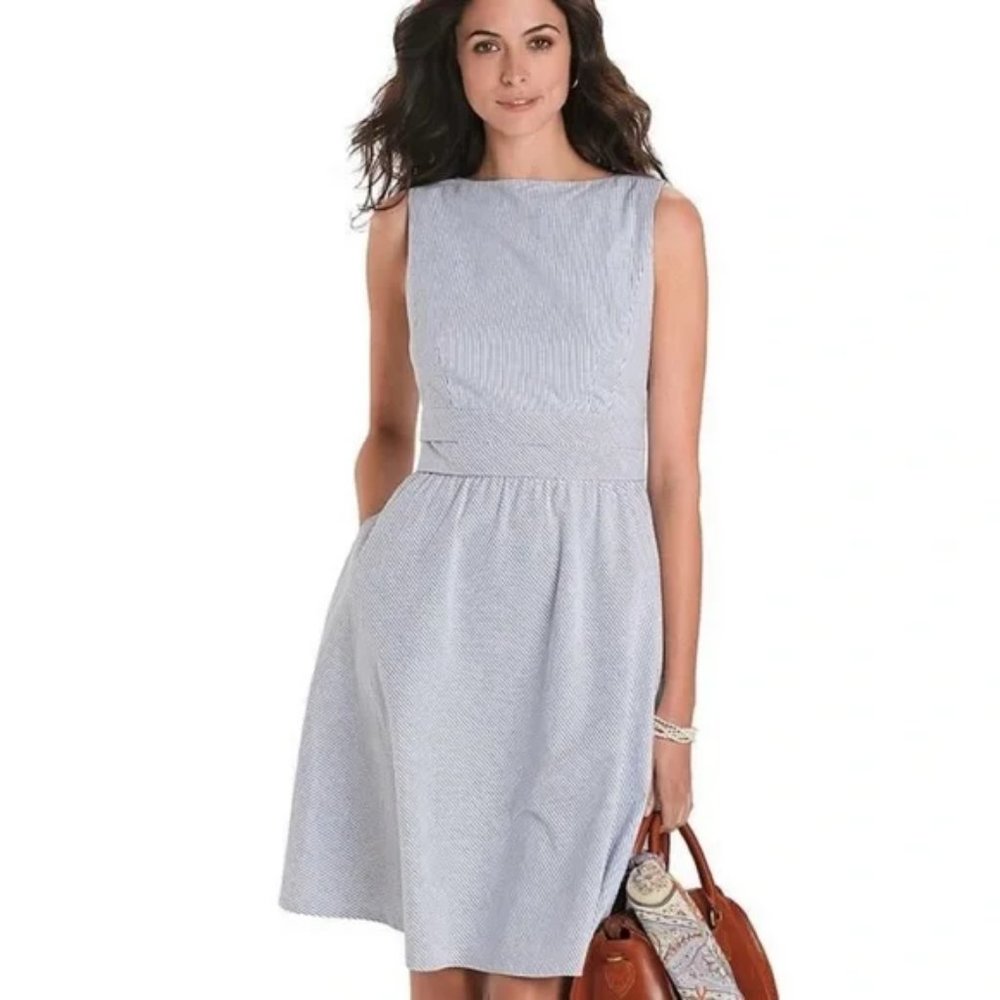 Brooks Brother 346 Dress Size 10P Blue White Striped Seersucker Cotton Pockets